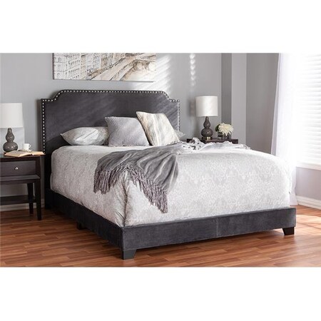 Baxton Studio Darcy-Grey-Queen Darcy Luxe & Glamour Dark Grey Velvet Upholstered Bed - Queen Size Darcy-Grey-Queen